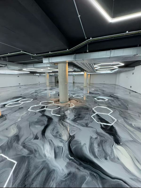 Grey metallic floor with hex lights